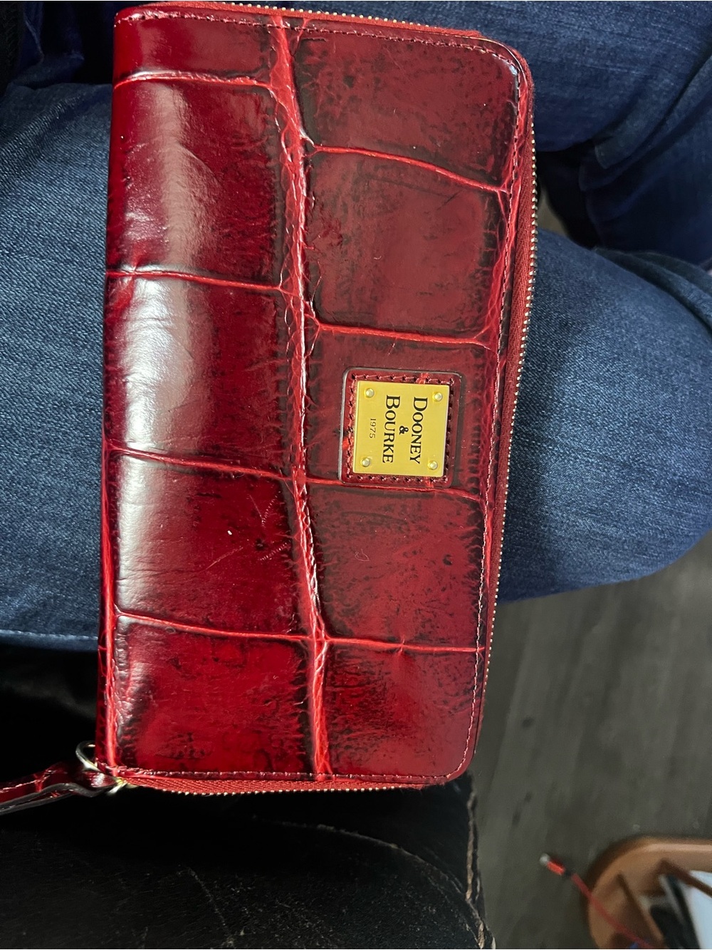 Dooney & Bourke Red Croc-Embossed Zip Wallet with Gold Plaque